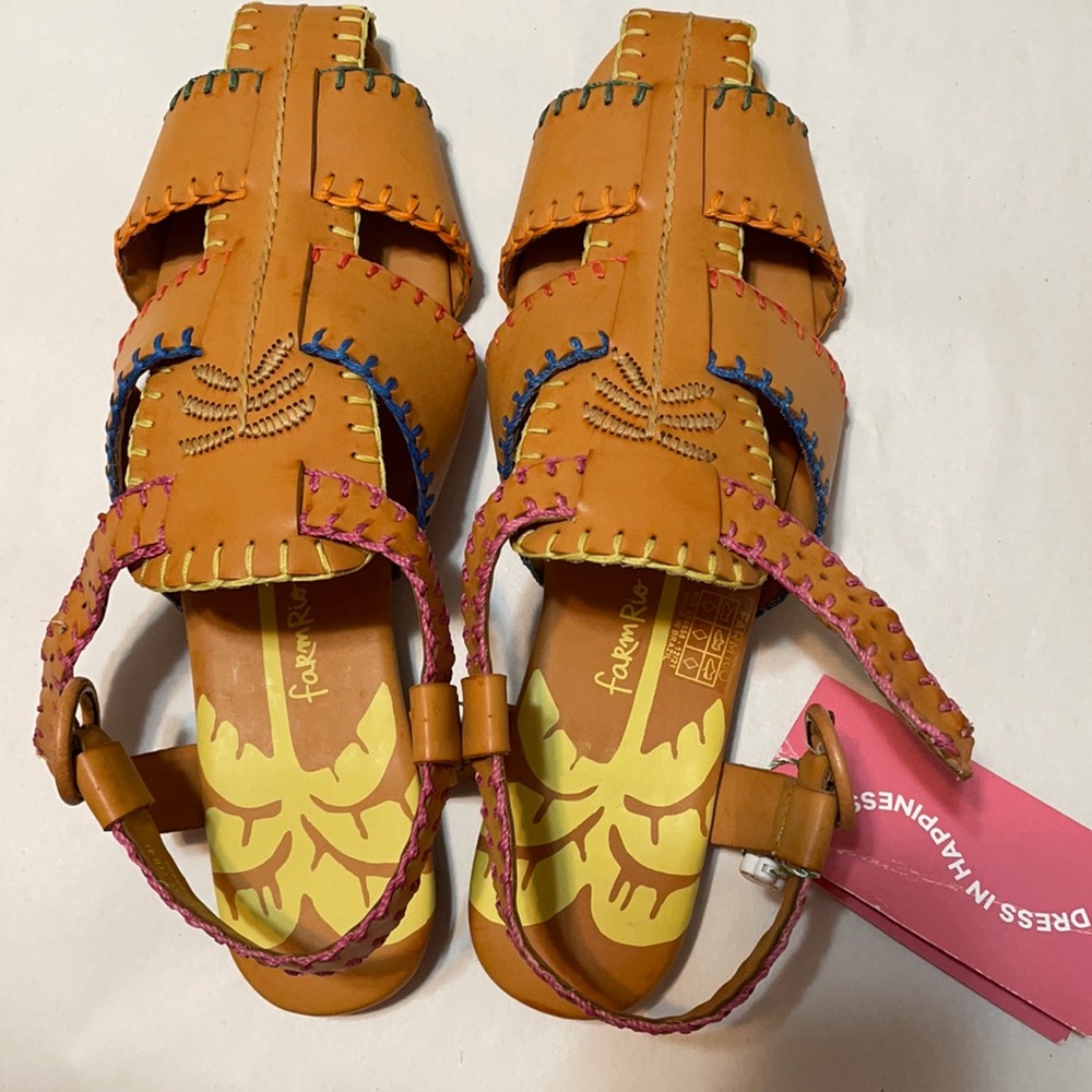 Farm Rio Caramel Palm Tree Sandal Whipstitch Sandal Vegan Buckle NWT